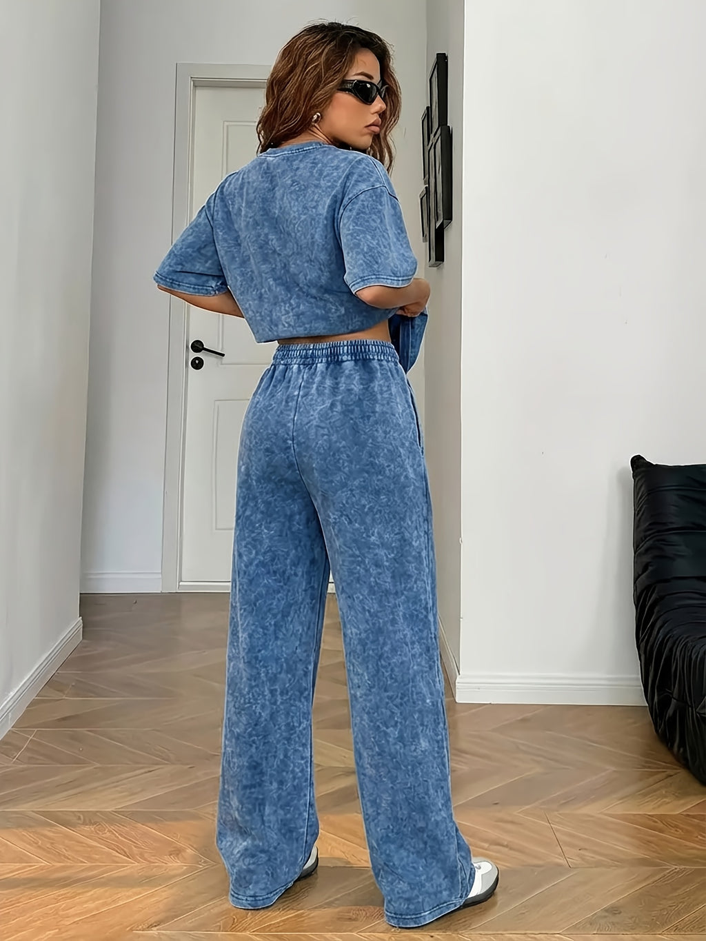 Y2K Retro Street Subculture Women'S Summer Casual Fried Snowflake Short-Sleeved And Pants Set, Can Be Worn at Home Or Outside - Navy Color