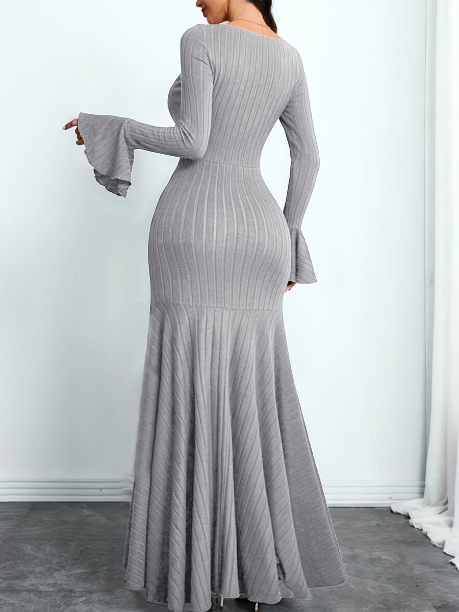 Fashionable Light Luxury Style Square Neck Flared Sleeve Slim-fit Ribbed Irregular Full-skirt Dress - Grey