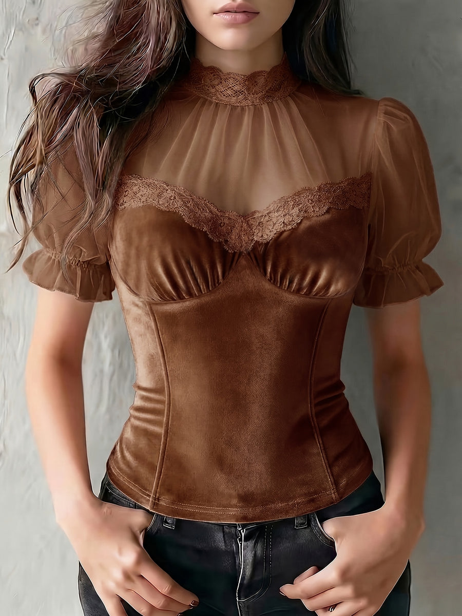 Development Bk260306052]Chic Velvet Sheer Sleeve Corset Top with Lace Trim Elegant Special - Bronze