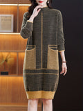 Elegant Special Geometric Pattern Design Women's Long Sleeve Cardigan, New Color-Block Women's Apparel, Women's Pullover Dress with Large Pocket Design, New Autumn/Winter Women's Fashion Sweater, Suitable for Daily Outings and Dates, Women's Gift - Coffee Brown