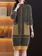 Elegant Special Geometric Pattern Design Women's Long Sleeve Cardigan, New Color-Block Women's Apparel, Women's Pullover Dress with Large Pocket Design, New Autumn/Winter Women's Fashion Sweater, Suitable for Daily Outings and Dates, Women's Gift - Coffee Brown