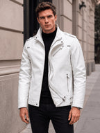 Men's PU PU Leather Biker Jacket with Warm Plush Lining, Stand Collar, Asymmetrical Zip Front, Multiple Zipper Pockets, Shoulder Tabs and Stud Accents for Fall/Winter  Commuting, Travel, Streetwear, Dating and Daily Wear - White