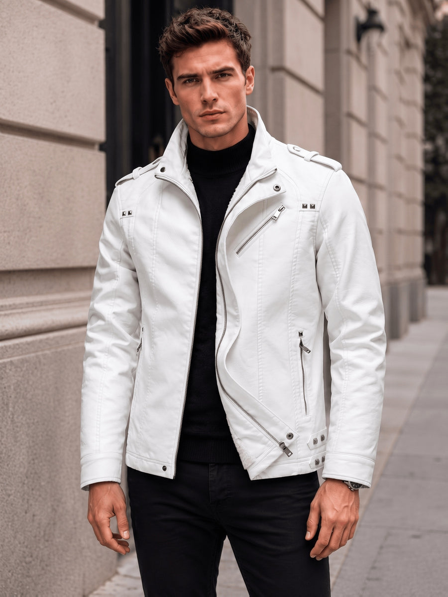 Men's PU PU Leather Biker Jacket with Warm Plush Lining, Stand Collar, Asymmetrical Zip Front, Multiple Zipper Pockets, Shoulder Tabs and Stud Accents for Fall/Winter Commuting, Travel, Streetwear, Dating and Daily Wear - White