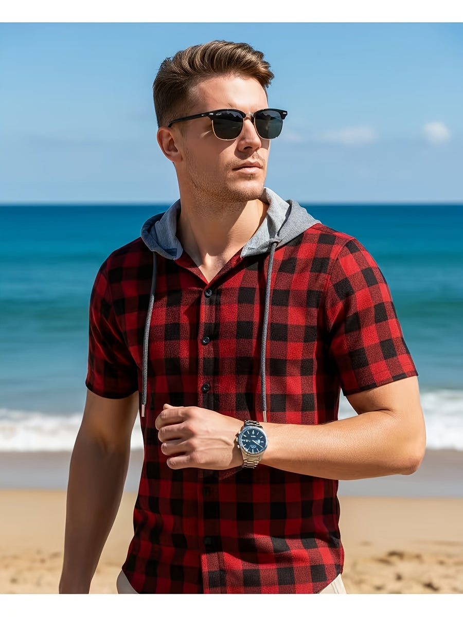 Men's Casual Plaid Hooded Short-Sleeve Hoodie, Summer Button Design, Suitable for Daily Outings, Casual Dates, and Trendy Summer Tops - Red Checkered