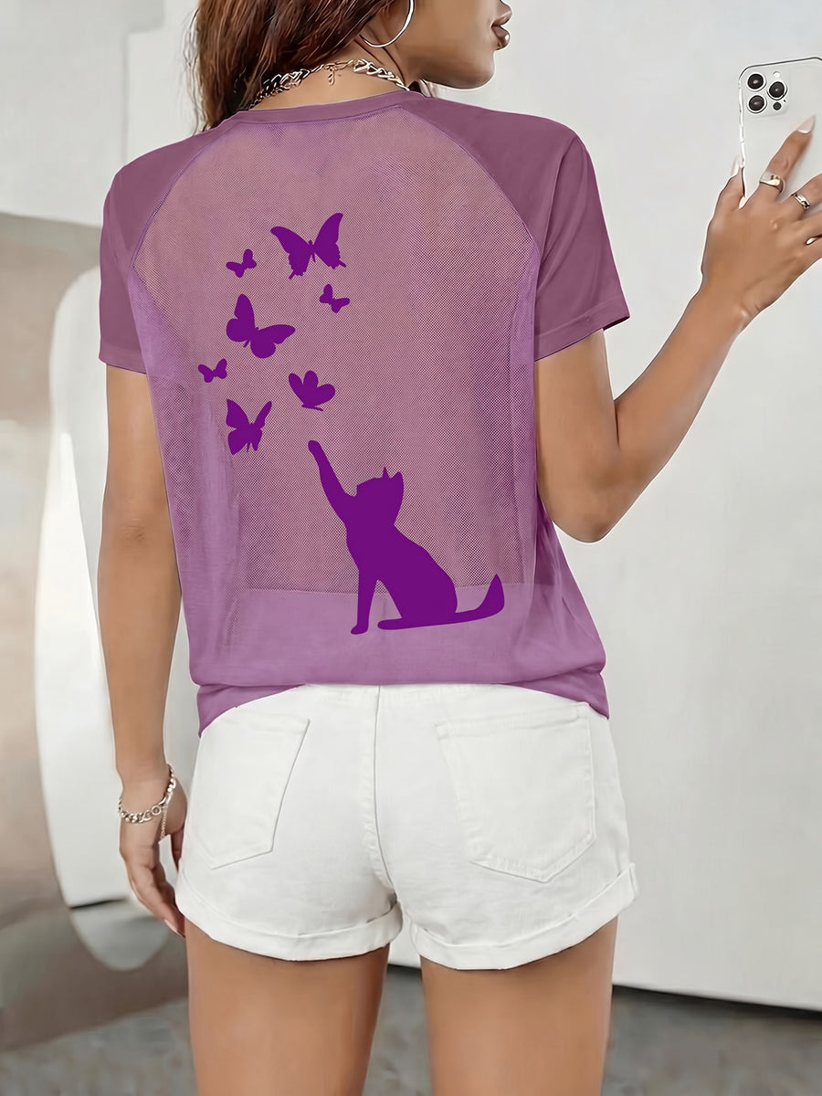 Women's Sexy Backless Careful Machine, Printed with Cat Butterfly Plush Print Pattern, Semi Transparent Round Neck T-shirt, Breathable Mesh Fabric, Suitable for All Seasons, Suitable for Casual and Formal Wear - Purple
