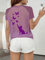 Women's Sexy Backless Careful Machine, Printed with Cat Butterfly Plush Print Pattern, Semi Transparent Round Neck T-shirt, Breathable Mesh Fabric, Suitable for All Seasons, Suitable for Casual and Formal Wear - Purple