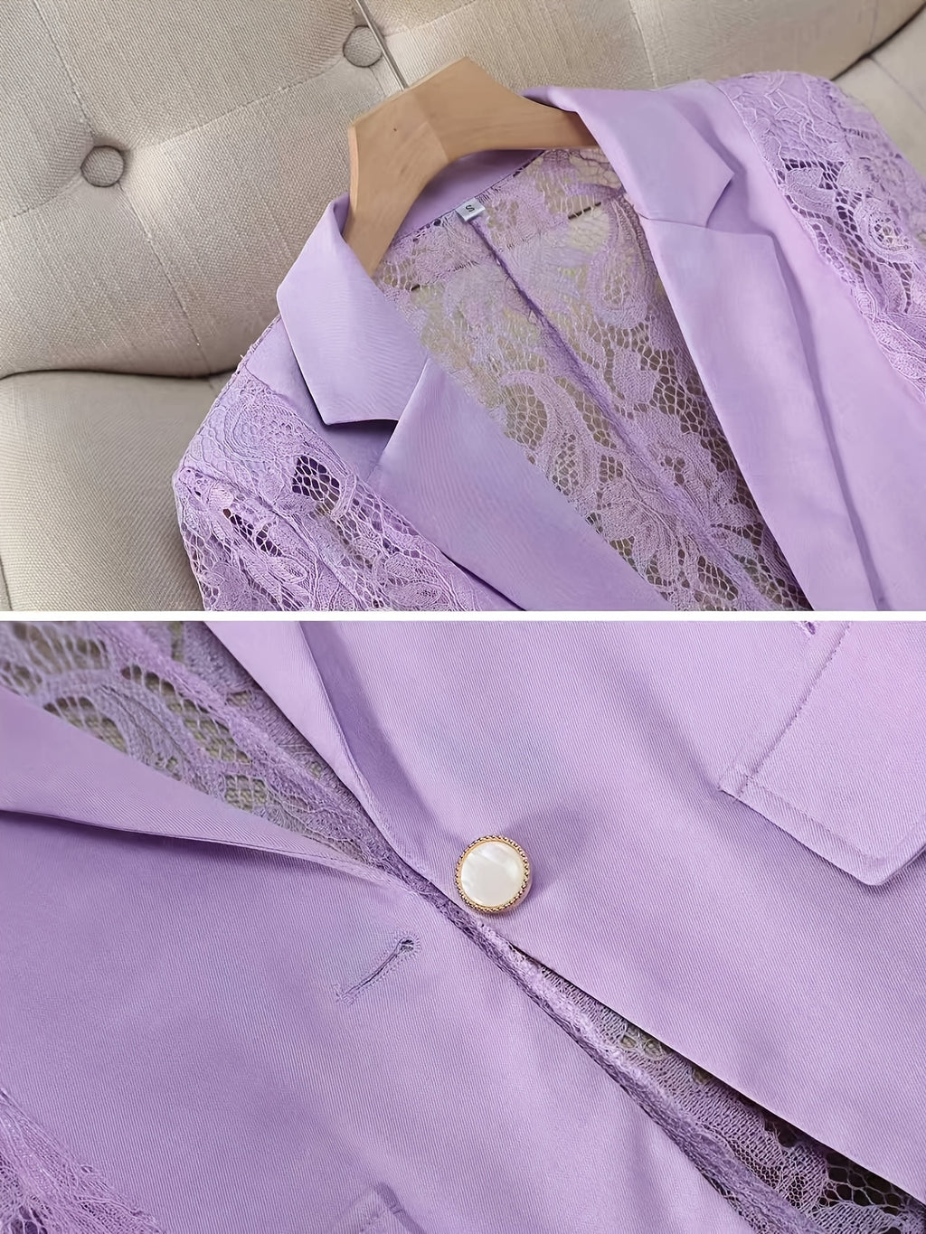 Women'S Thin Patchwork Lace Lightweight Suit Design Casual Temperament Three-Quarter Sleeve Casual Lapel Suit Top - Light Purple