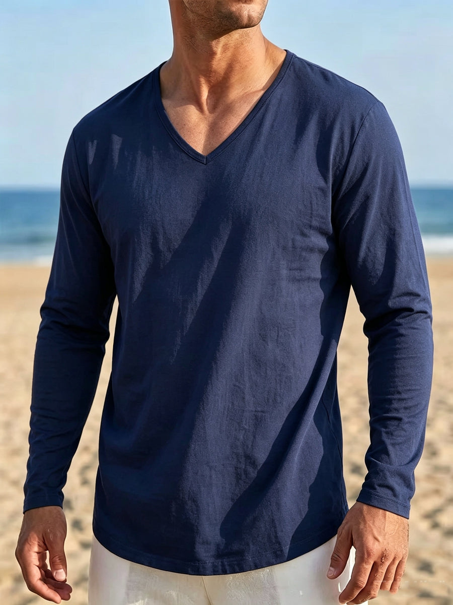 Seaside Vacation Summer Men's V-Neck Long Sleeve Linen Solid Color Casual Long Sleeve T-Shirt - Navy Color