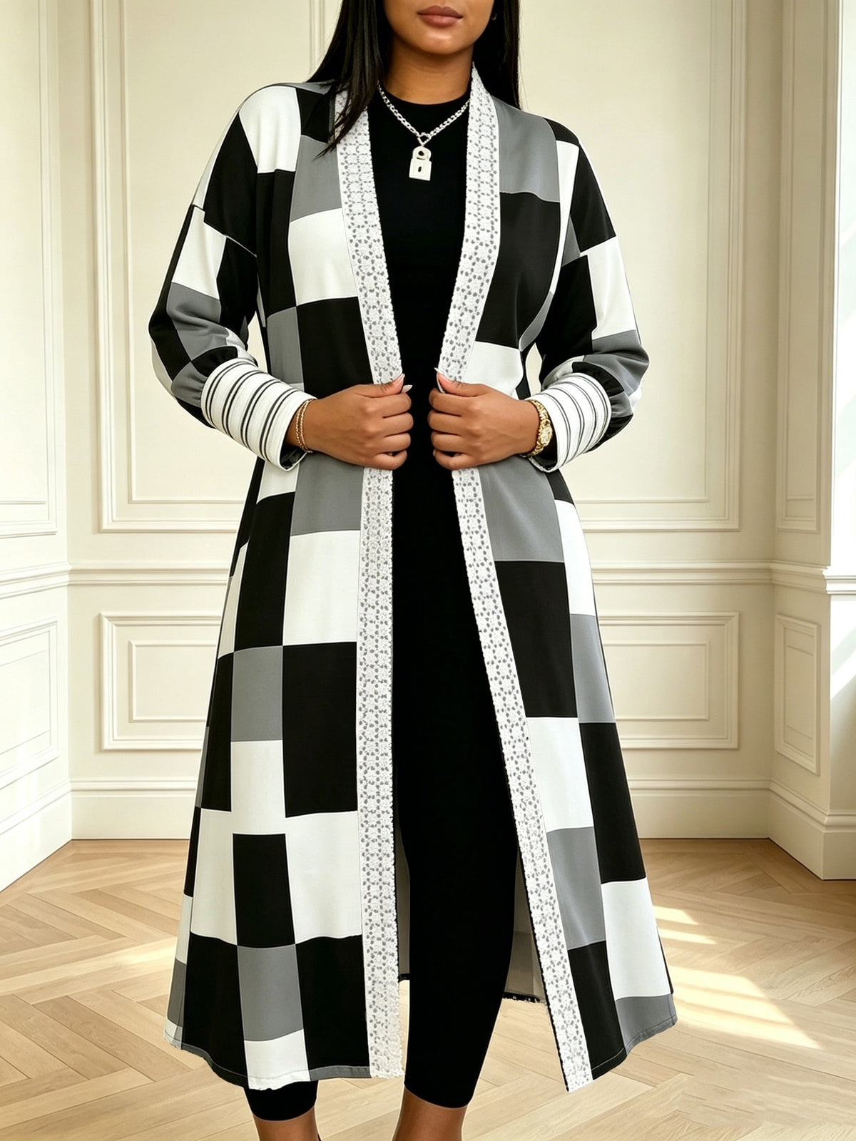 Autumn/Winter Color-Block Plaid Long Cardigan, Fashionable Commuter Elegant Casual Jacket for Women - Multicolor