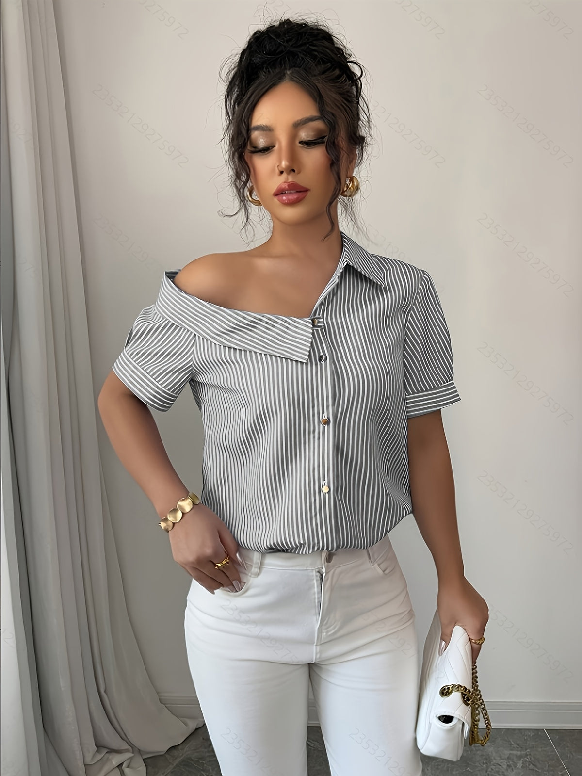 Casual Striped Off-the-Shoulder Shirt - Black