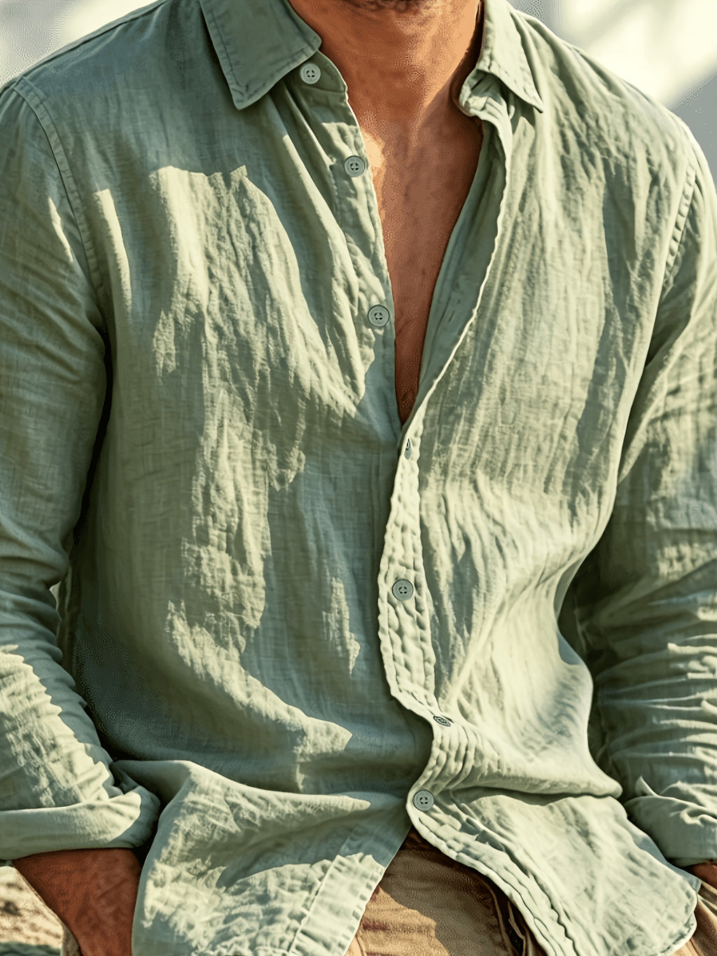 Single Piece Summer Men's Cotton and Cotton And Linen Blend Long Sleeved Shirt, 26 Year Fashionable and Simple Style, Loose Fit, Button up Cardigan Versatile Design, Soft and Breathable Fabric, Preferred for Daily Leisure Commuting - fern green