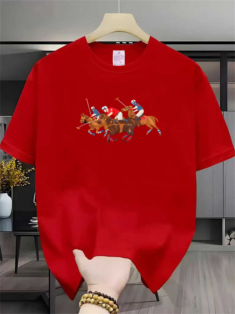 Polo Riding Multi-Person Equestrian Event Pattern Men'S T-Shirt, Outdoor Casual Sports Outing Trendy Loose Short Sleeve - Red