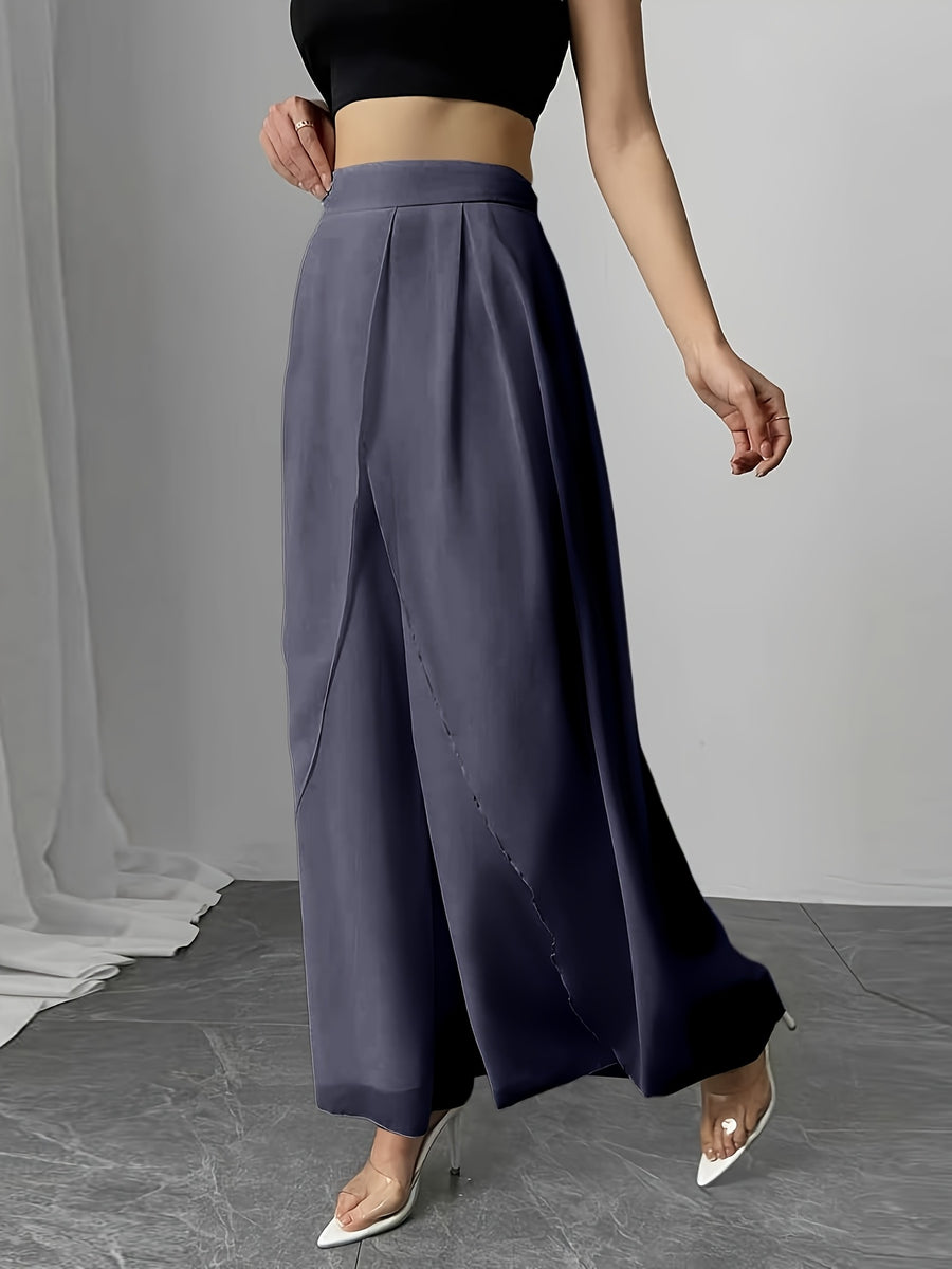 Women's Wide-Leg Pants, Simple Loose Long Pants, Flowing and Lightweight, Casual Elegant Style - Dark Gray