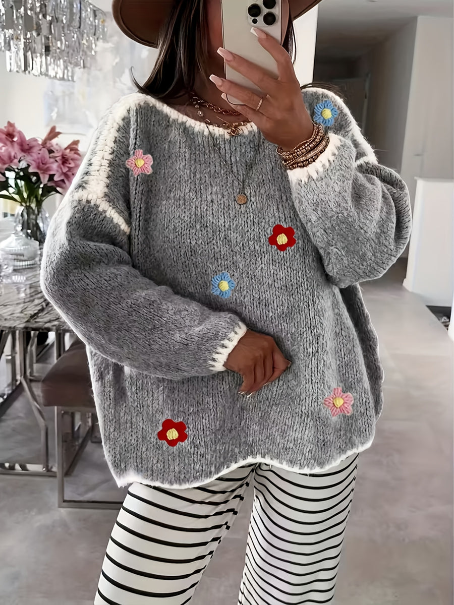 Women's Floral Pullover Elegant Sweater for Autumn and Winter - Light Grey