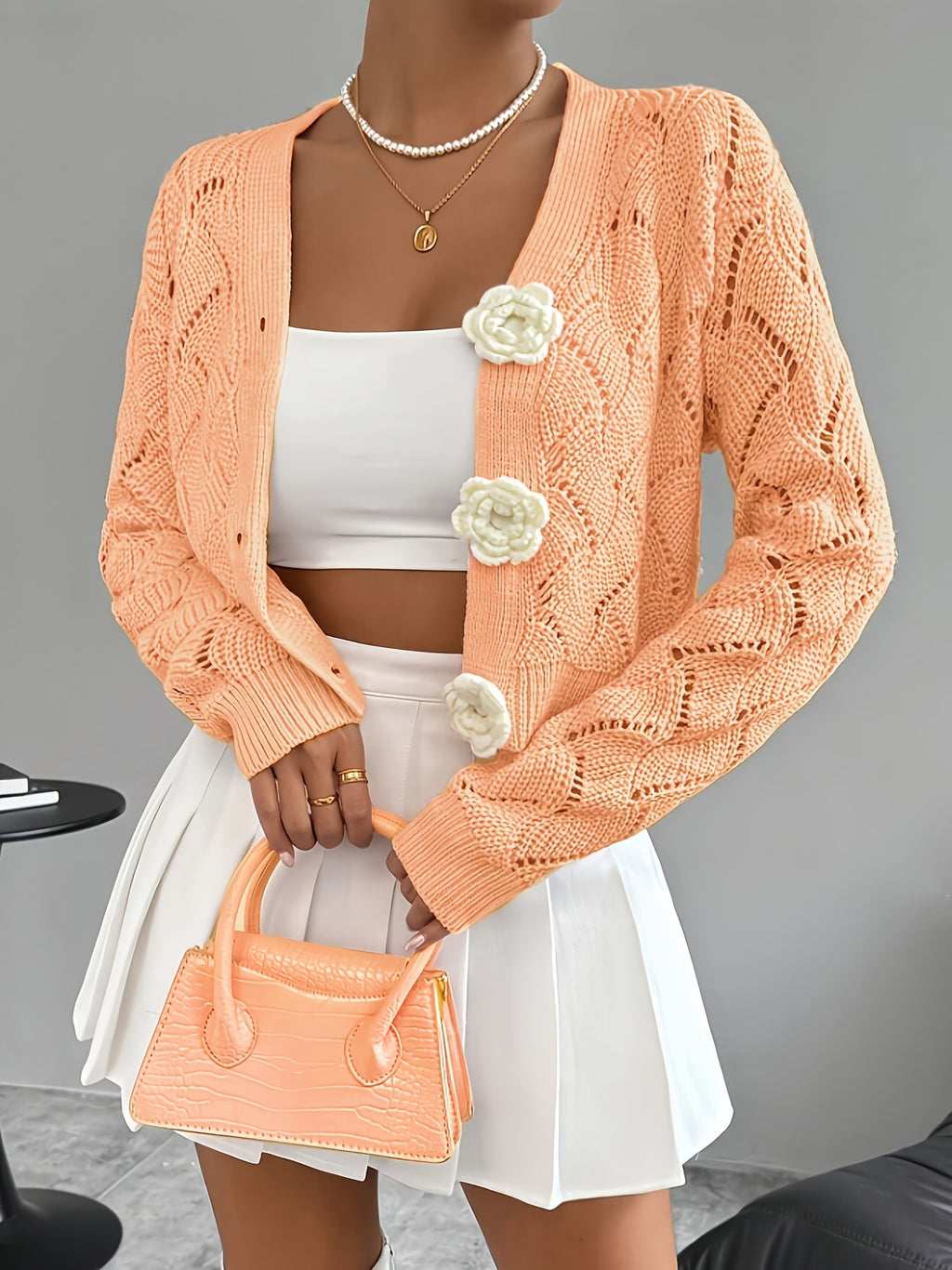 Spring 2026 Spring/Summer Women'S Handcrafted 3D Floral Embellishment Western Fashion Elegant Solid Lace Crochet Cardigan Top Jacket Women'S, Suitable for Daily Wear And Commuting, Spring Outing, All Seasons, Versatile Style - orange yellow