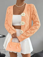 Spring 2026 Spring/Summer Women'S Handcrafted 3D Floral Embellishment Western Fashion Elegant Solid Lace Crochet Cardigan Top Jacket Women'S, Suitable for Daily Wear And Commuting, Spring Outing, All Seasons, Versatile Style - orange yellow