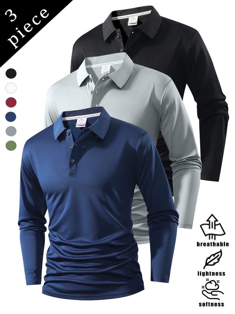 Spring And Autumn Explosive Value Three-Piece POLO Collar Long-Sleeved Top for Men, Stylish, Easy And Versatile, Solid Color Design, Multi-Color Optional Sports And Casual, Soft And Comfortable, Jumper, 220G/Square Meter Fabric Weight - Black/grey/navy Blue