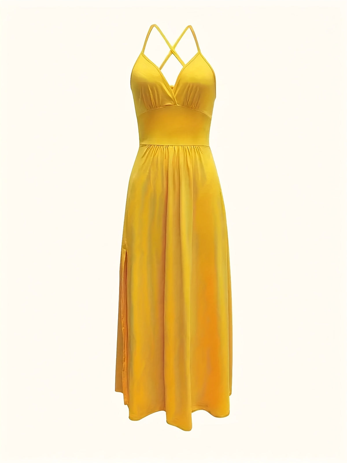 Solid Split Thigh Tie Backless Cami Dress, Elegant Sleeveless V-Neck Waist Dress, Women'S Clothing for Party Dressing - Yellow