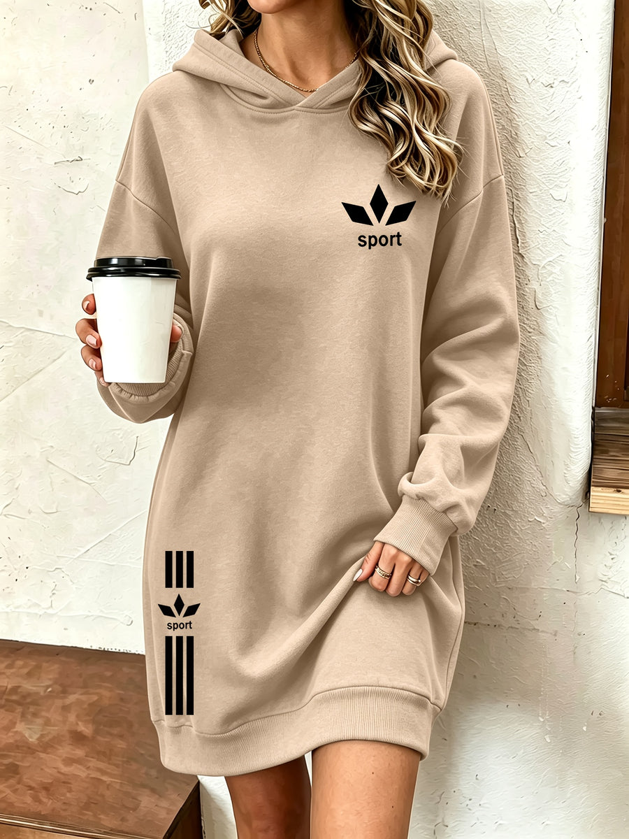 Long Printed Hooded Sweatshirt Dress Women'S Autumn Winter Thickened Fleece Top Women'S Versatile Loose Casual Long Sleeve Hoodie - Khaki