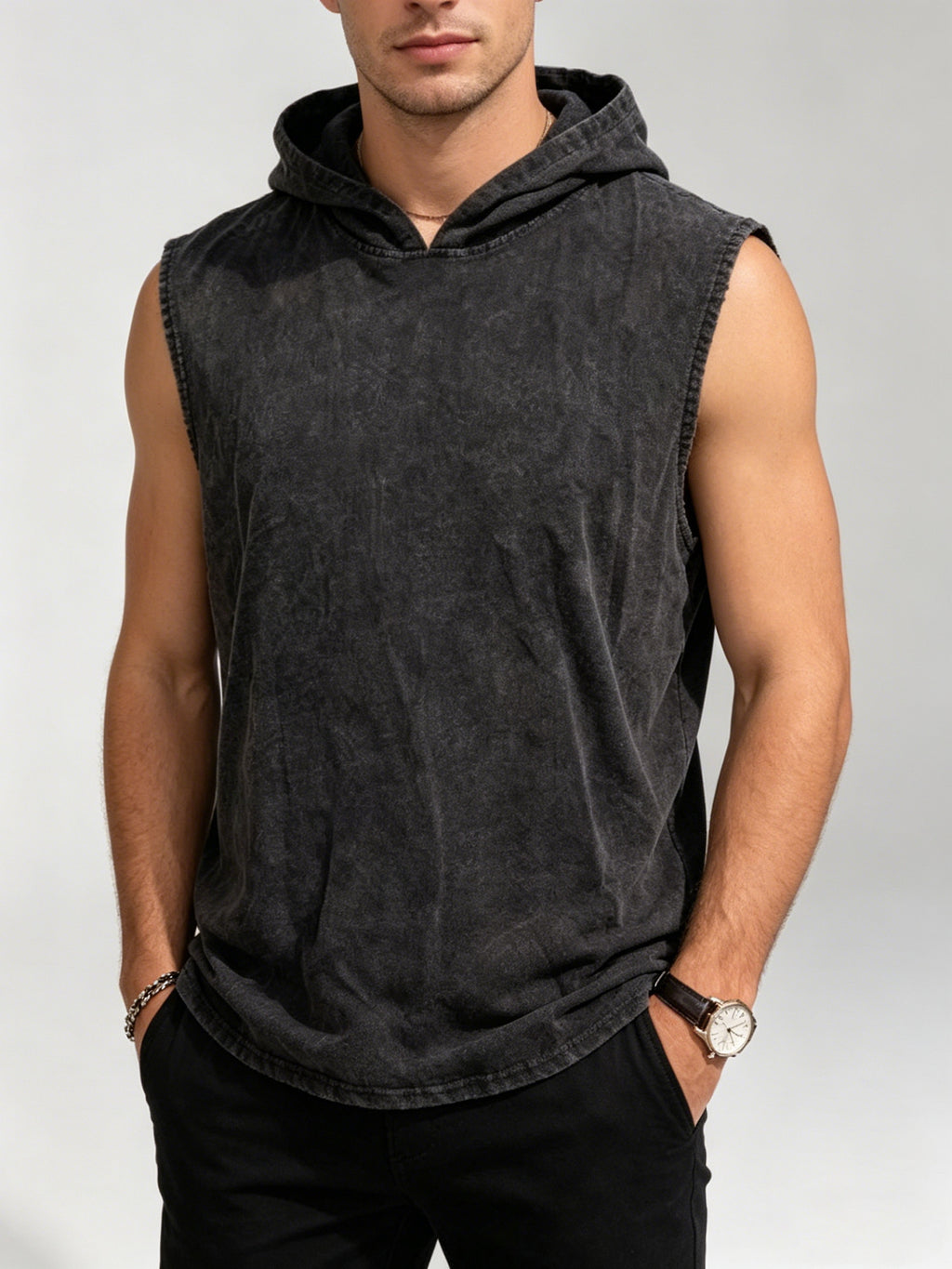 Men's Vintage Hooded Tank Top - Dark Gray/Black Vintage Washed Effect - Regular Fit Top - Unisex Daily Street Style Casual Sleeveless Top - Summer Comfort Style - Black