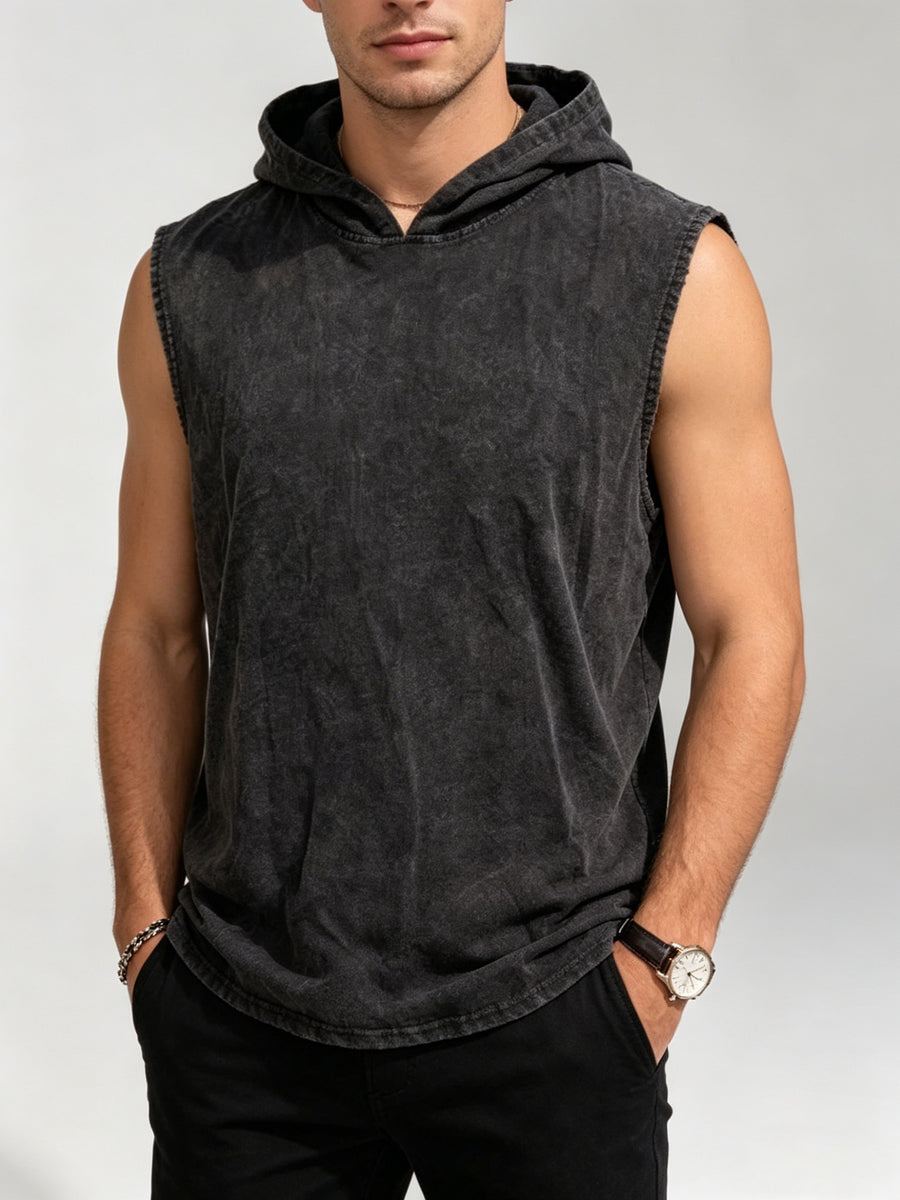 Men's Vintage Hooded Tank Top - Dark Gray/Black Vintage Washed Effect - Regular Fit Top - Unisex Daily Street Style Casual Sleeveless Top - Summer Comfort Style - Black