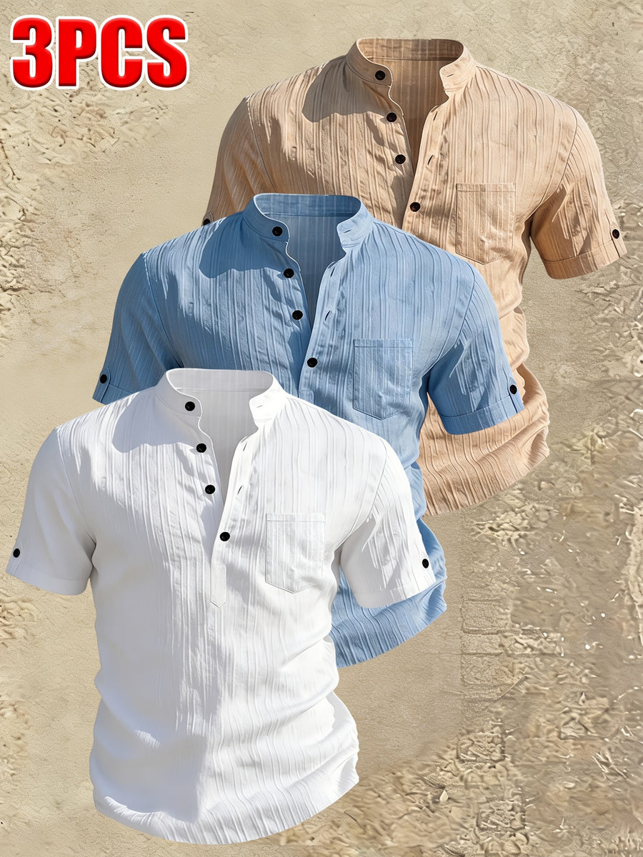 Men's Stand Collar Henley Short Sleeve Shirt 3pcs, Vertical Stripe Texture Half-Button with Pocket Top, Summer Breathable Casual Vacation 3pcs Versatile Men's Shirt Set - White+Khaki+Blue