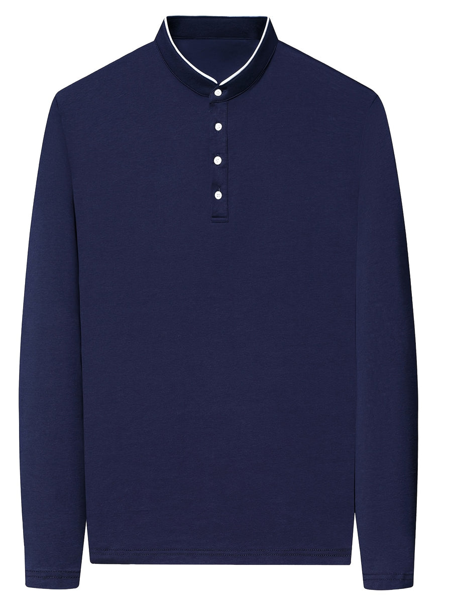 New Spring/Autumn Men's Stand Collar Long Sleeve T-Shirt, Casual Business, Dad's Outfit, Pure Top, Holiday Gift - Navy Color