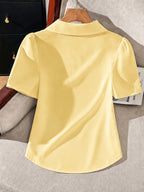 New Women's Top, Solid Color Short-Sleeve Casual Shirt for Women, Elegant and Casual Women's Blouse, Suitable for Commuting, Outings, and the Office - Yellow