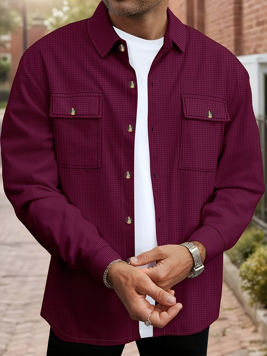 Men'S Waffle Knit Long Sleeve Button-Up Shirt, Casual Lapel Workwear with Chest Pocket, Lightweight And Breathable Daily Top, Autumn Menswear - Burgundy