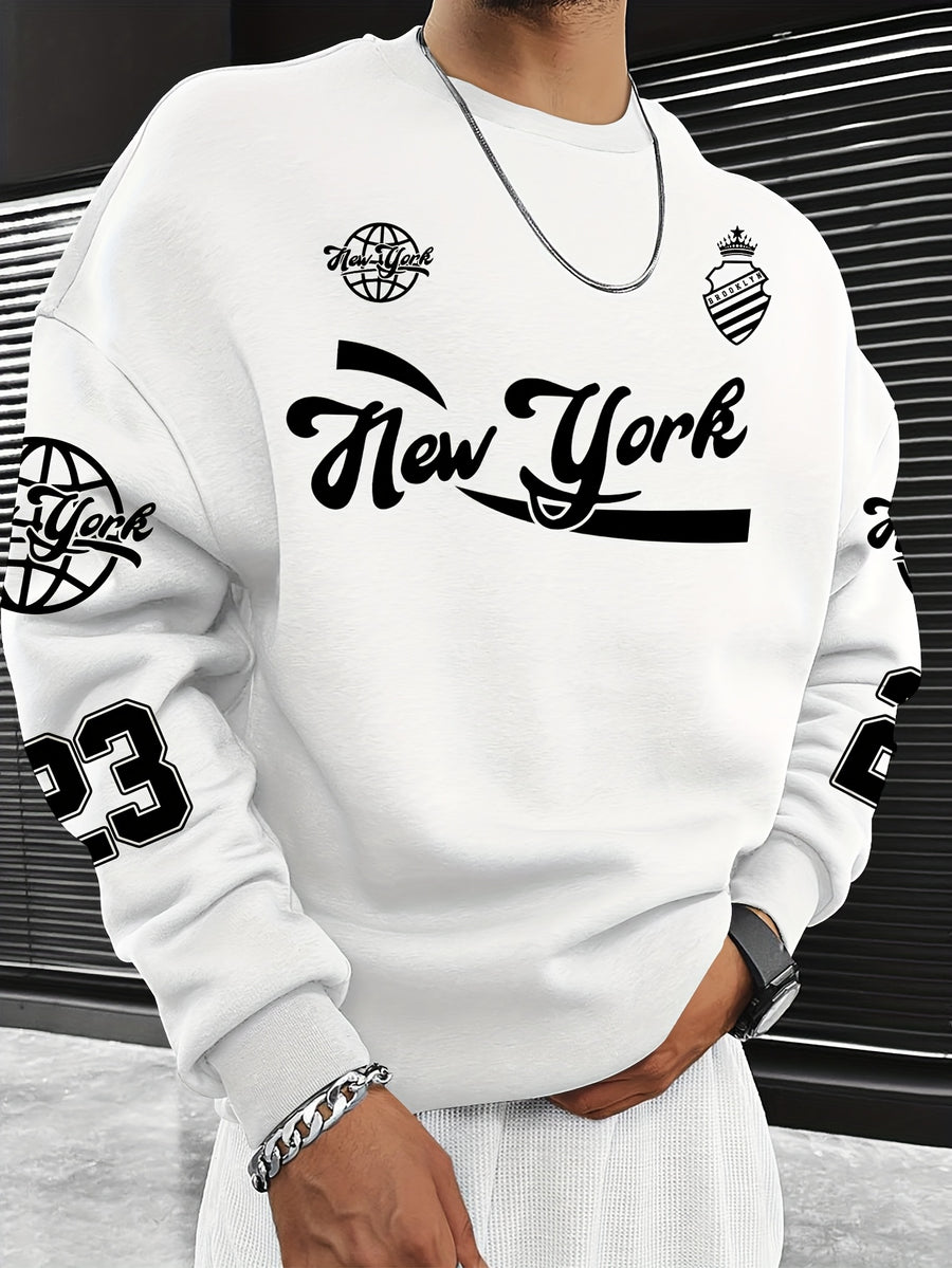 Men'S Fashion Casual "Brooklyn Victory" Letter Print Sweatshirt, Polyester Fabric, Loose Fit, Versatile Men'S Sweatshirt - Ivory White