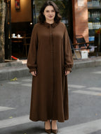 Eid Al-Fitr Abaya Dress Elegant Women'S Dress Solid Color Ruffle Round Neck Drawstring Button Long Sleeve Dress Casual Home Commute Dress - Dark Brown