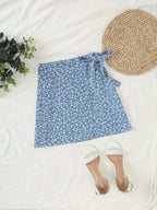 Floral Print Wrap Tie Midi Skirt - Peacock Blue