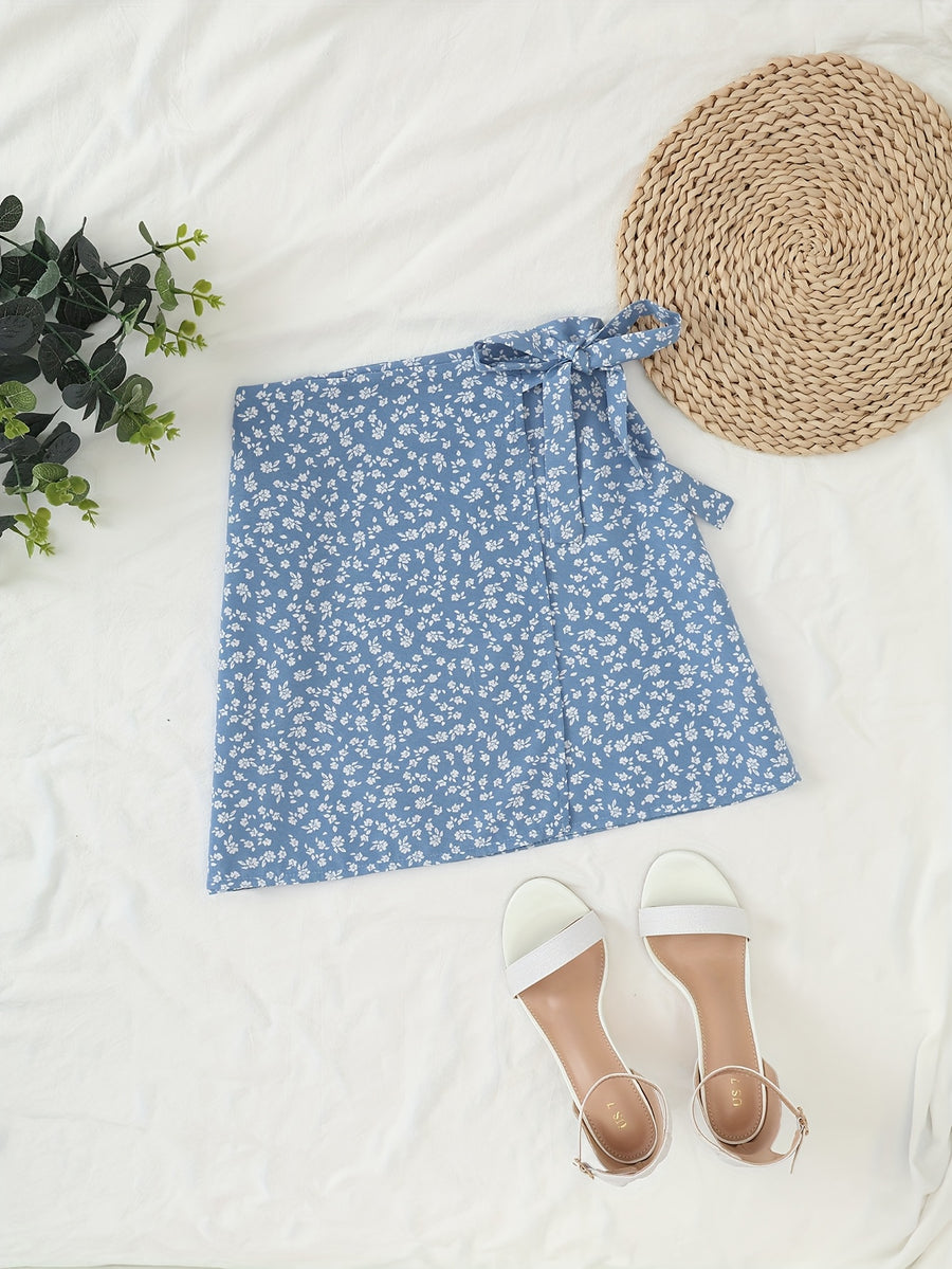 Floral Print Wrap Tie Midi Skirt - Peacock Blue