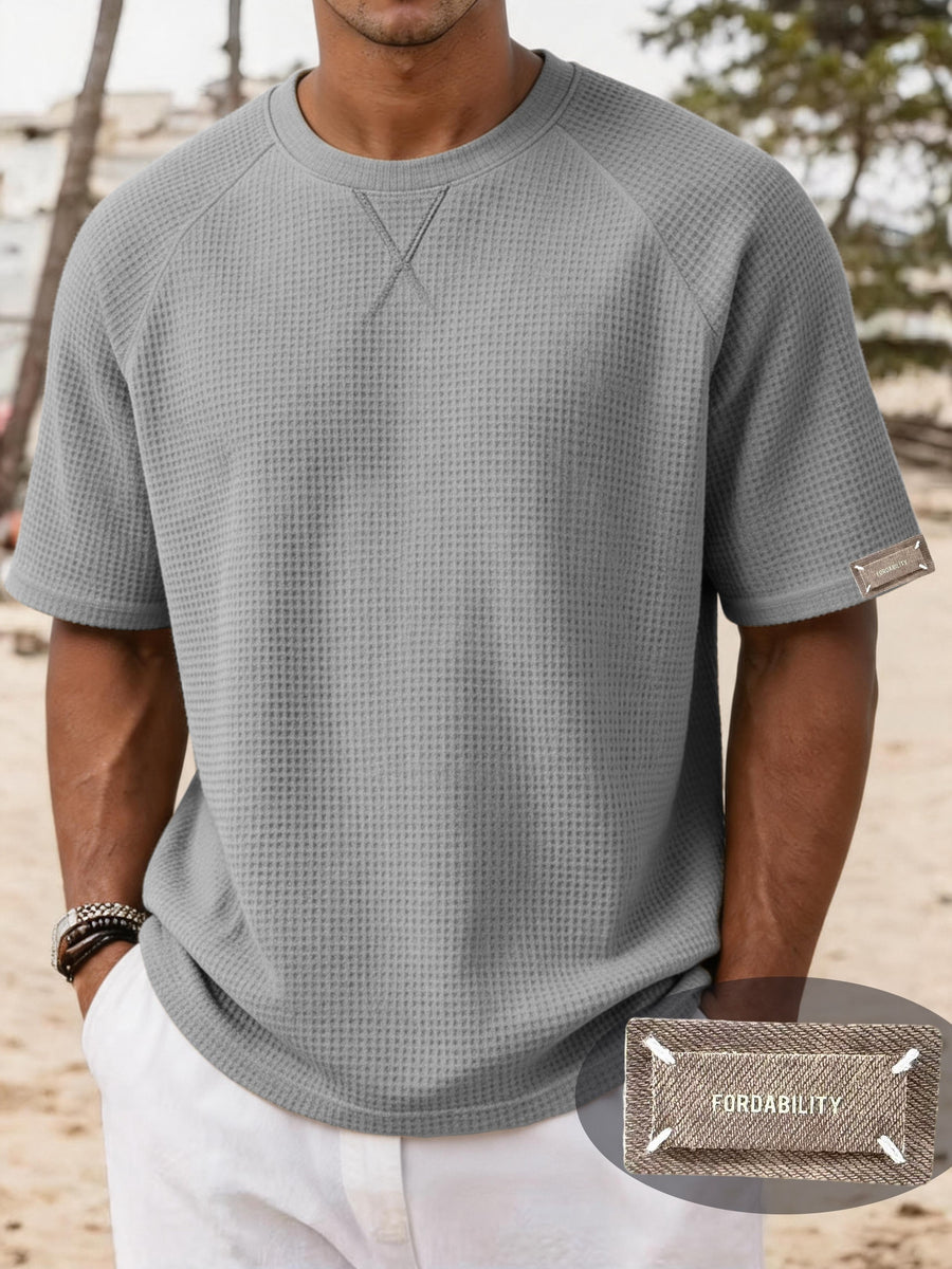 Men's Lightweight Waffle Knit Short Sleeve Shirt, Casual Crew Neck Textured T Shirt with Relaxed Fit Design, Breathable Comfortable Summer Pullover Top for Beach Vacation, Travel, Camping, Outdoor Sports and Casual Attire - Grey