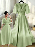 Women's Solid Color Elegant Dress, New Summer V-Neck A-Line Flowing Dress for Casual to Formal Wear, Machine Washable - Green