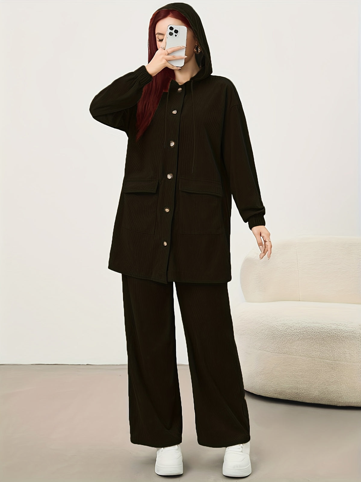 New Women'S Casual Corduroy Hooded Set, Fall Winter Outfit, Jacket with Pockets And Cuffed Sleeves, Wide-Leg Pants for Leg Lengthening, Comfortable And Fashionable, Casual Set - Black