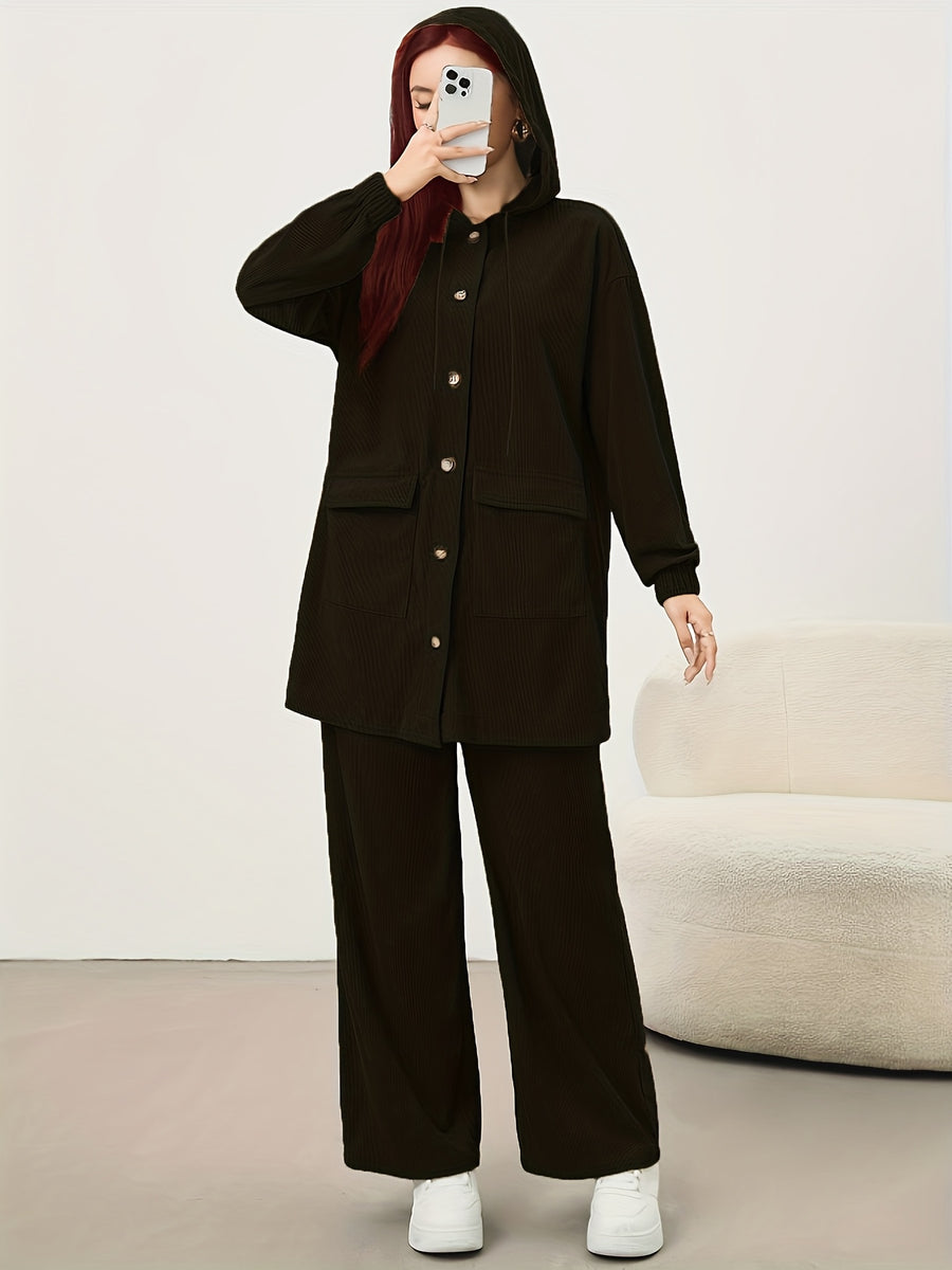 New Women'S Casual Corduroy Hooded Set, Fall Winter Outfit, Jacket with Pockets And Cuffed Sleeves, Wide-Leg Pants for Leg Lengthening, Comfortable And Fashionable, Casual Set - Black