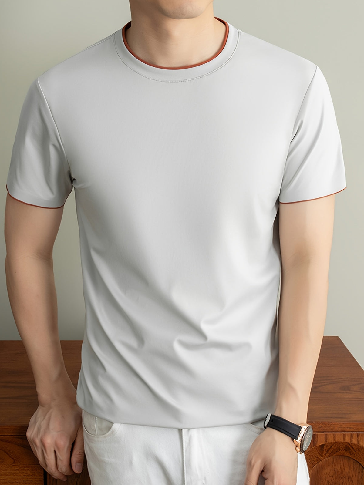 Summer Men'S Short Sleeve T-Shirt Casual Round Neck Solid Color Comfortable Cooling Breathable Polo Shirt - Off White