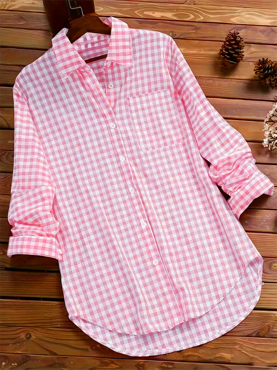 Women'S Spring Summer Casual Retro Commuter Long Sleeve Plaid Shirt - Pink Color