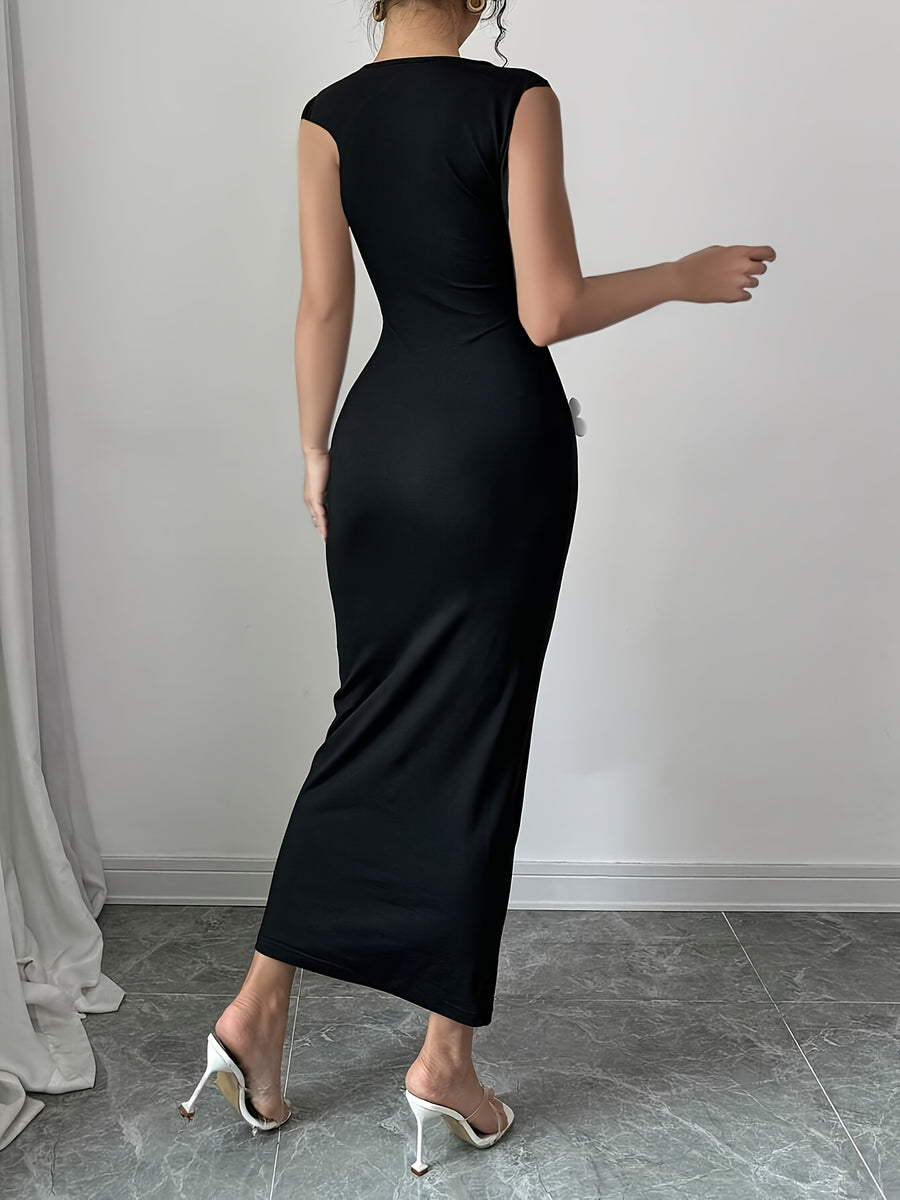 Elegant Women's Sleeveless Slim-Fit Long Bridesmaid Dress with Floral Cut-Out Design - Black