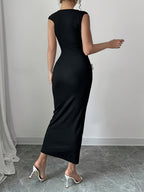 Elegant Women's Sleeveless Slim-Fit Long Bridesmaid Dress with Floral Cut-Out Design - Black