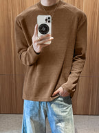 Men'S Casual Sports T-Shirt, 1pc Men'S Fashion Trendy Casual Patchwork Stand-Collar Long Sleeve Men'S T-Shirt, Loose Fit, Comfortable Stretch Fabric, Suitable for Daily Casual Wear - Coffee Color