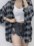 Chiffon Plaid Print Sheer Blouse Top Sunscreen Shirt - Black