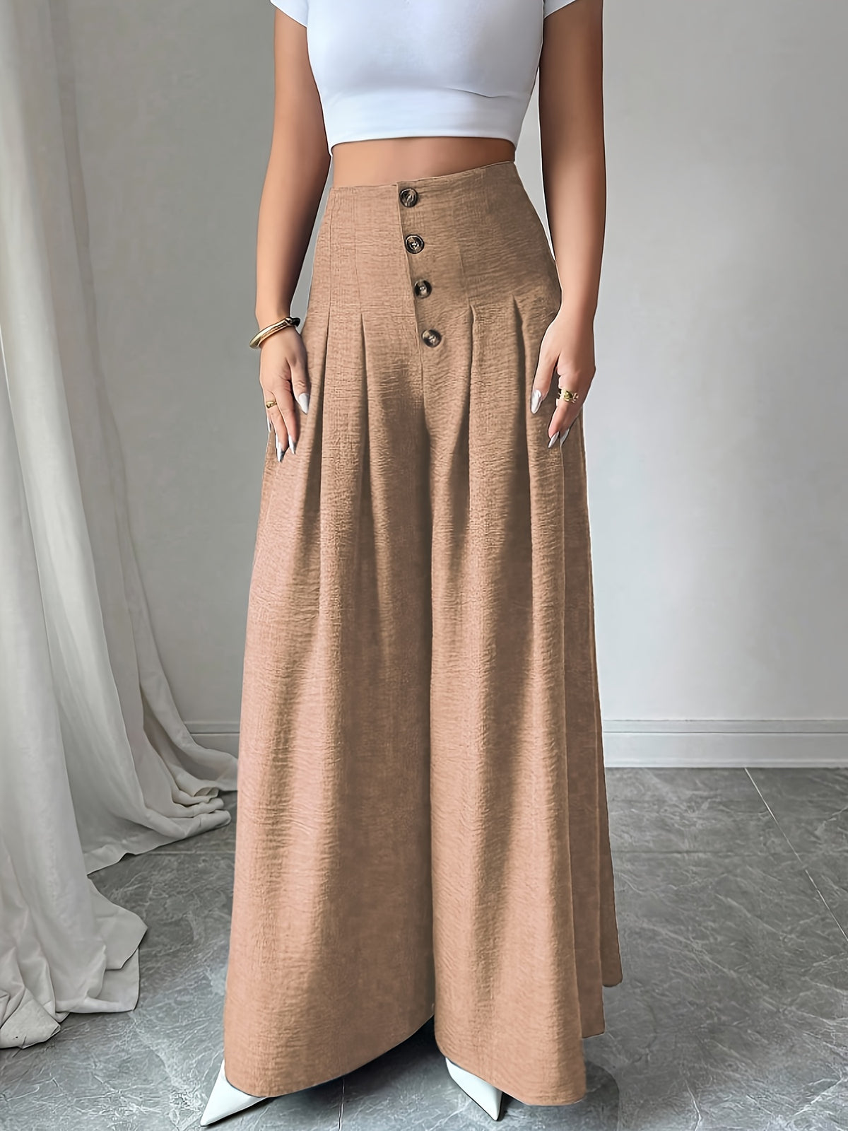 Women's Button-front Loose-fit Casual Wide-leg Pants, Simple and Stylish Solid-color Trousers for Daily Outings, Pairable with Various T-shirts, Jackets, and Trench Coats. Regular Thickness, Suitable for Spring, Summer, and Autumn - Khaki