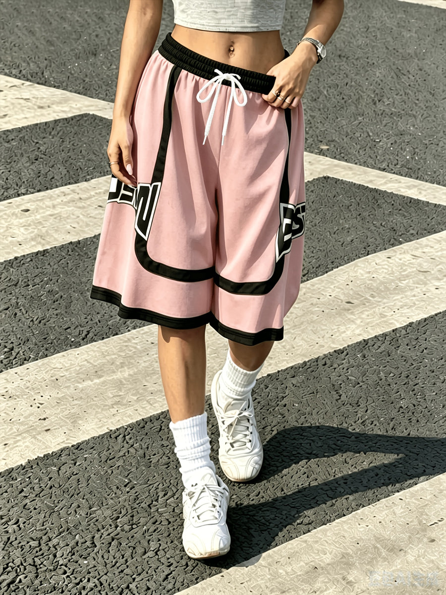 Color-Block Pants Women'S Drawstring Elastic Waist Street Style Letter Print Casual Trousers Bermuda Shorts Y2K American Letter Print Contrast Shorts Women'S Loose High-Waist Drawstring Wide-Leg Shorts Summer Versatile Casual Trousers - Mixed colors