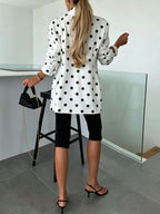 YYTT 2026 New Women's Style 26030# European and American Style Polka Dot Blazer, Elegant and Temperamental Loose Fit Single-Breasted Top, 1pc Versatile Commuter Outerwear. White Base with Black Polka Dots, Featuring a Vintage Elegance - White