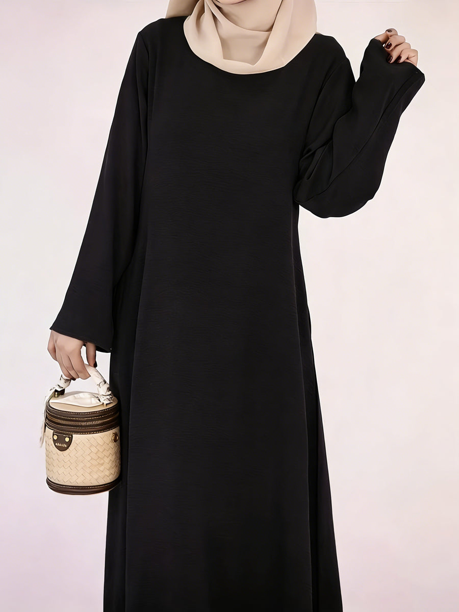 Elegant Women's Crew Neck Long Sleeve Kaftan Dress - Solid Color Fitted Maxi Dress, Machine Washable All-Season Versatile Traditional & Modern Style, Fitting Dresses for Ladies, Casual Elegant Wear, Durable Garment - Black