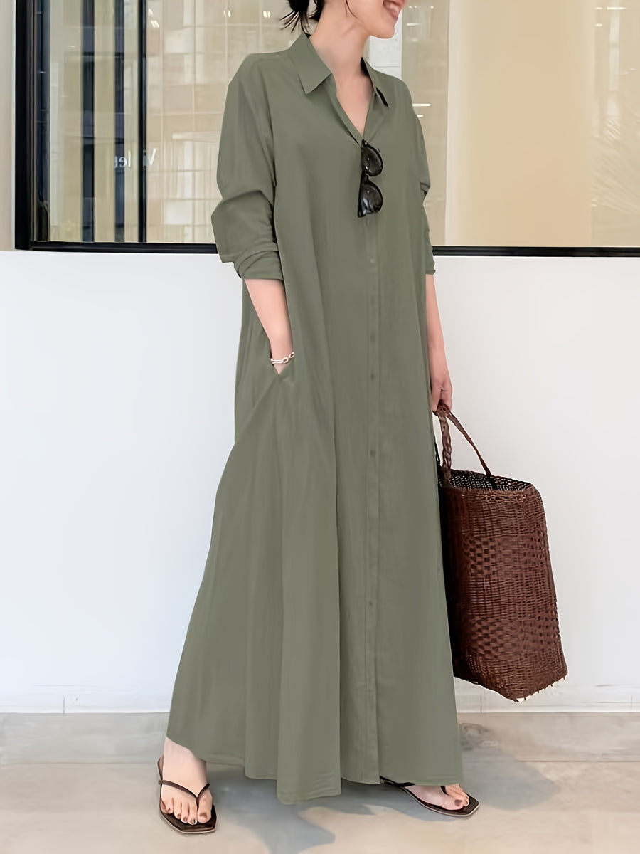 In Stock European And American New Solid Color Lapel Long Sleeve Pocket Easy Loose Casual Long Dress 1pc - Olive Green
