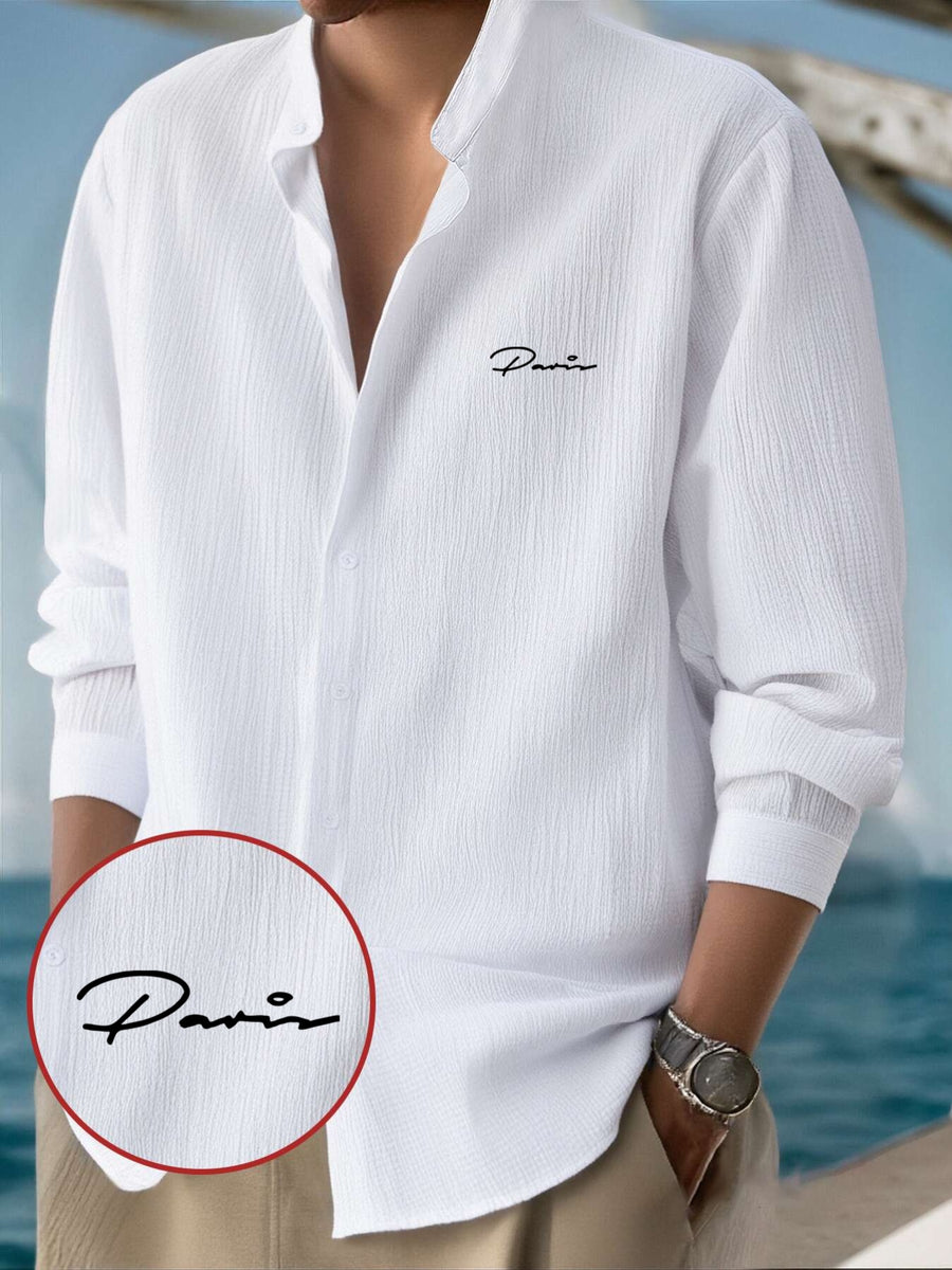 Men's Classic Solid Color Casual Long Sleeve Button- Shirt - Stand Collar Design, Machine Washable, Letter Print, All-Season Wear, Suitable for Outings, Beach & Casual Attire, Machine Washable, Solid Color Shirt, Casual Shirt - White