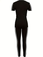 XDCMM22 European and American Women's Casual Sportswear Set, Loose-Fit Round Neck Short Sleeve and Long Pants 2pcs Set with Unique Print - Black